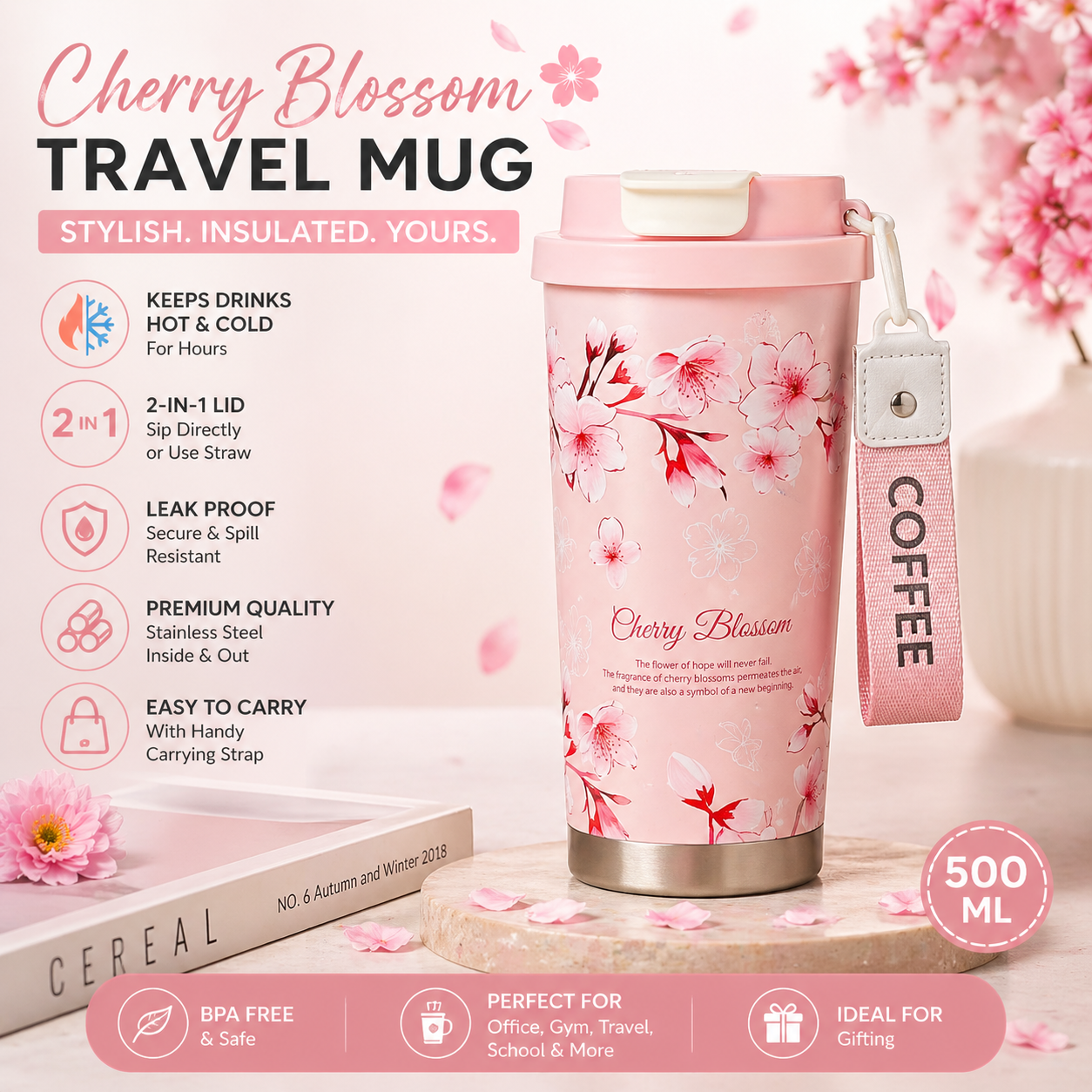 BloomSip™ Insulated Floral Travel Tumbler (500ml)