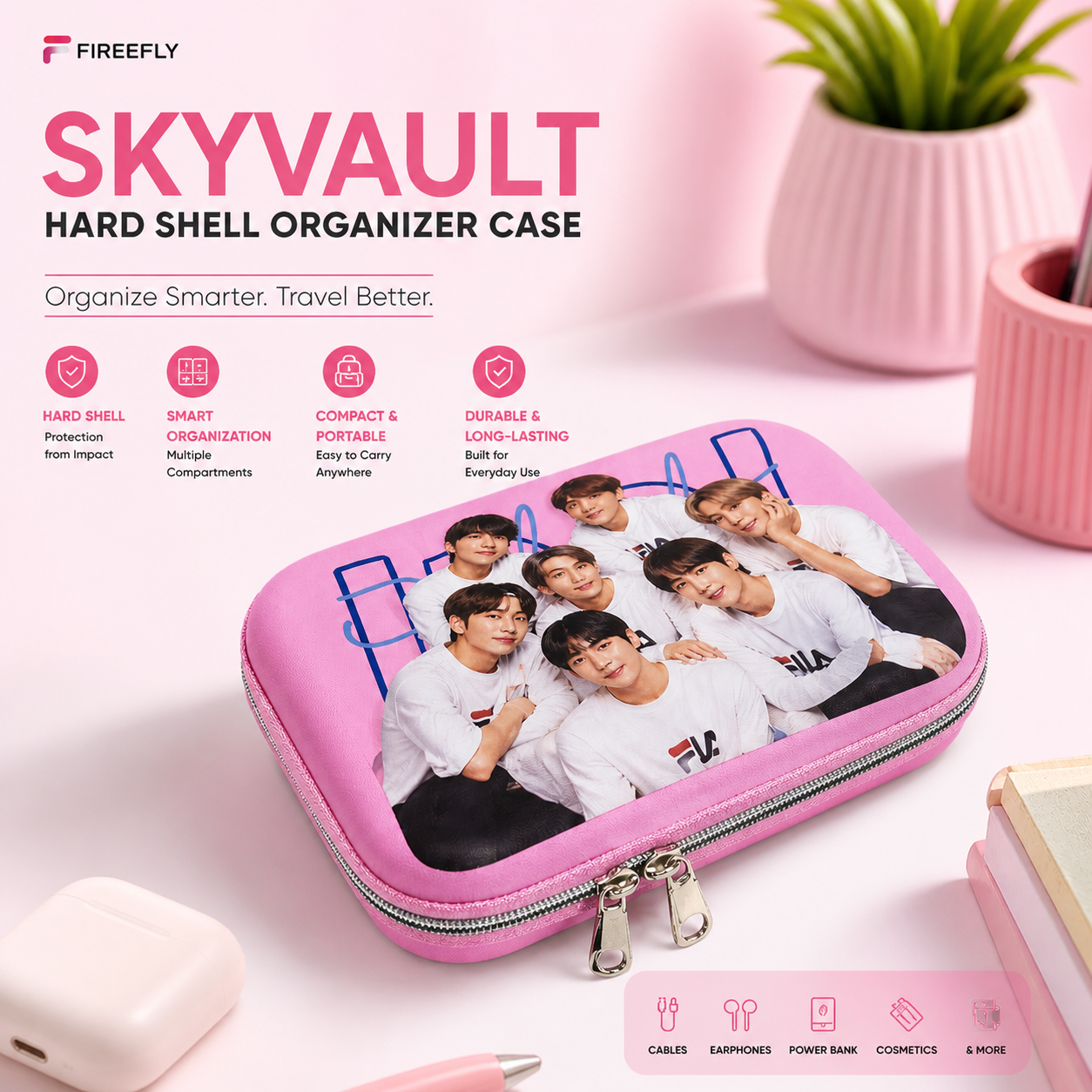 SkyVault Hard Shell Organizer Case – Pink Printed Edition (Compact Travel & Gadget Storage Box)