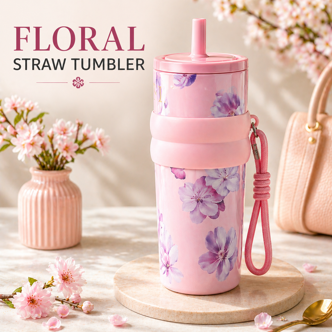 FloraSip Premium Floral Straw Tumbler (900ml)